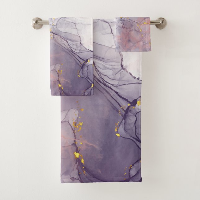 Violet and Gold Marble Bath Towel Set (Insitu)