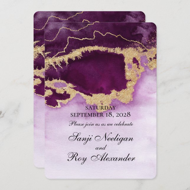 Violet And Gold Modern Painting Wedding Invitation (Front/Back)