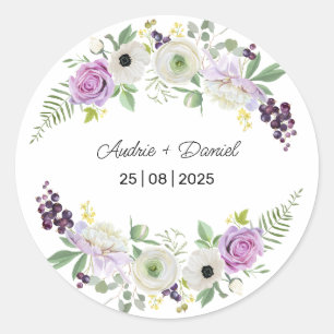 Violet and Green Rustic Flowers Wedding  Classic Round Sticker
