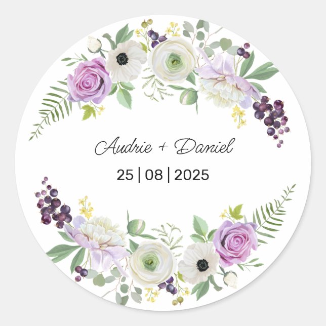 Violet and Green Rustic Flowers Wedding  Classic Round Sticker (Front)
