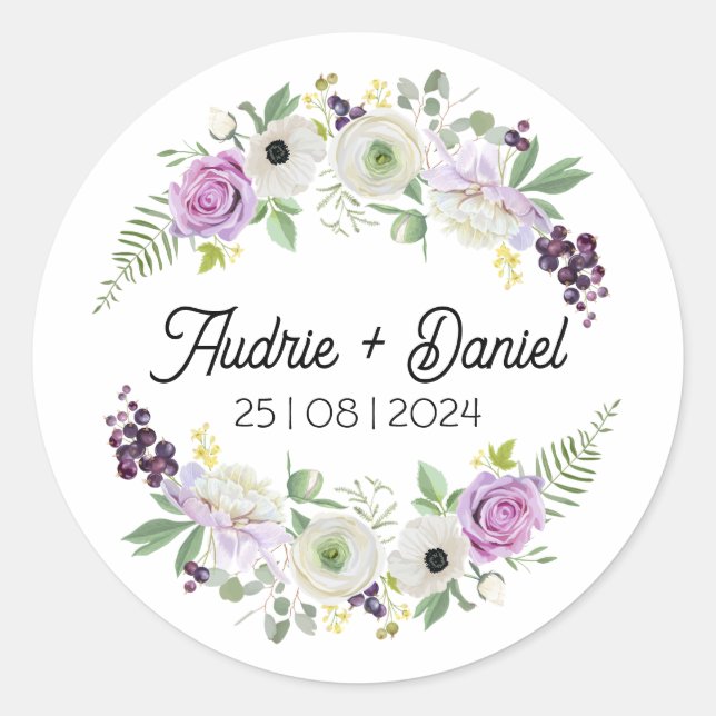 Violet and Green Rustic Flowers Wedding Sticker (Front)