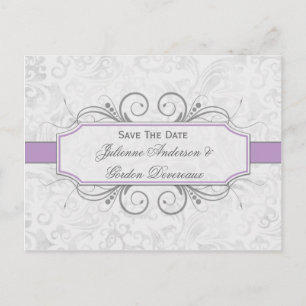 Violet and Grey Damask Save The Date Announcement Postcard