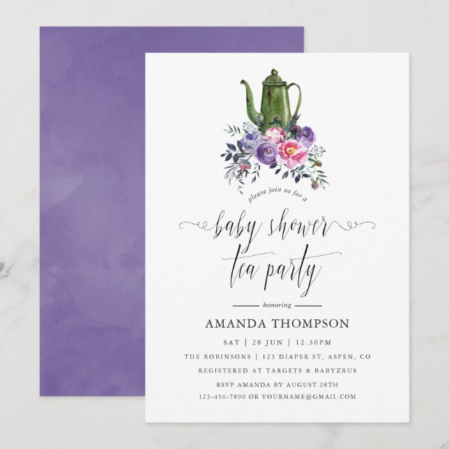 Violet and Pink Floral Baby Shower Tea Party Invitation (Front/Back)