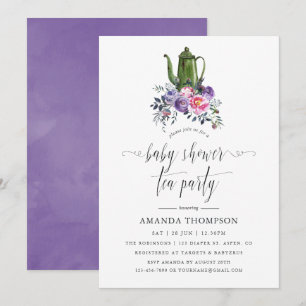 Violet and Pink Floral Baby Shower Tea Party Invitation