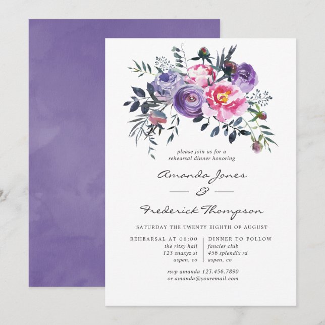 Violet and Pink Watercolor Floral Rehearsal Dinner Invitation (Front/Back)