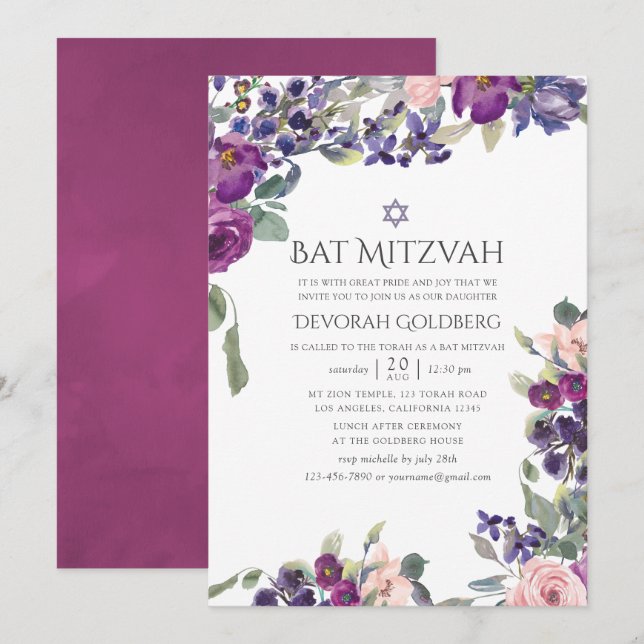 Violet and Plum Floral Bat Mitzvah Invitation (Front/Back)