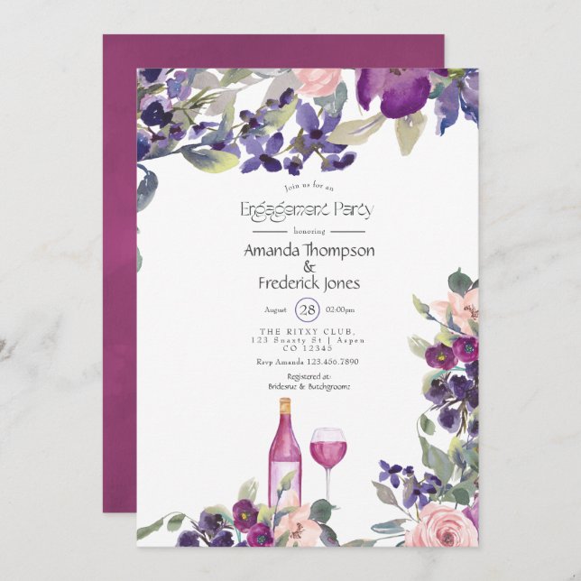 Violet and Plum Floral Bridal Shower Wine Tasting Invitation (Front/Back)
