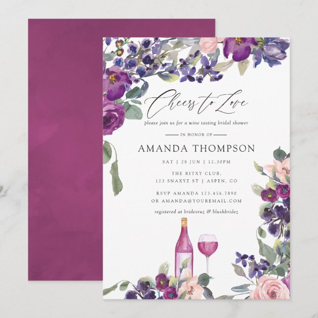 Violet and Plum Floral Bridal Shower Wine Tasting Invitation (Front/Back)