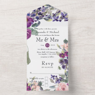 Violet and Plum Floral Wedding All In One Invitation
