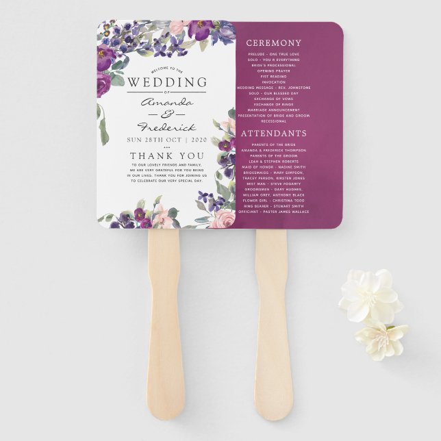 Violet and Plum Floral Wedding Program Hand Fan (Front and Back)