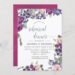 Violet and Plum Floral Wedding Rehearsal Dinner Invitation