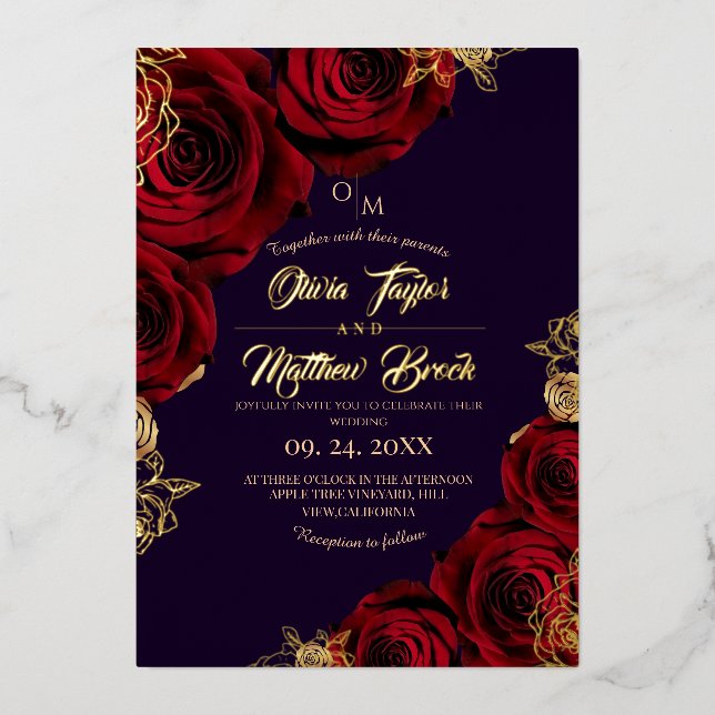 Violet and Red Flowers Gold Foil  Wedding  (Front)