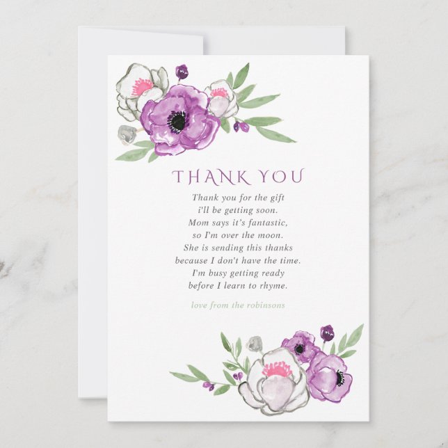 Violet and Sage Floral Baby Shower Thank You Card (Front)