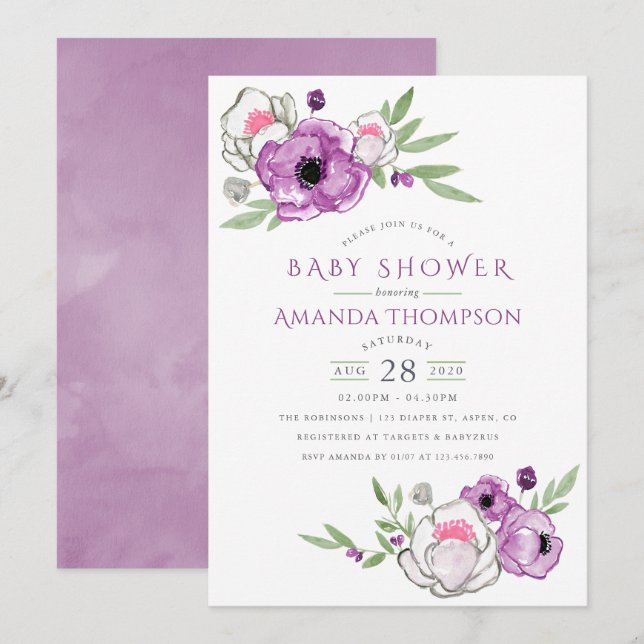 Violet and Sage Watercolor Floral Baby Shower Invitation (Front/Back)