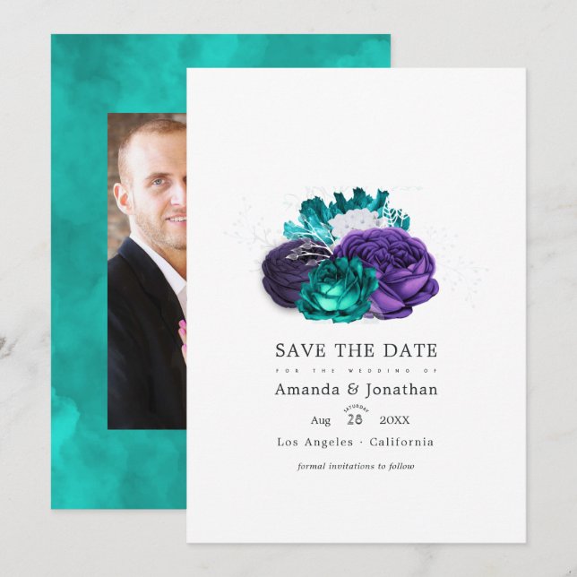 Violet and Turquoise Floral Wedding Photo Save The Save The Date (Front/Back)