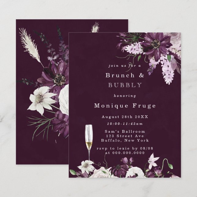 Violet and White Peonies Brunch & Bubbly Invites (Front/Back)