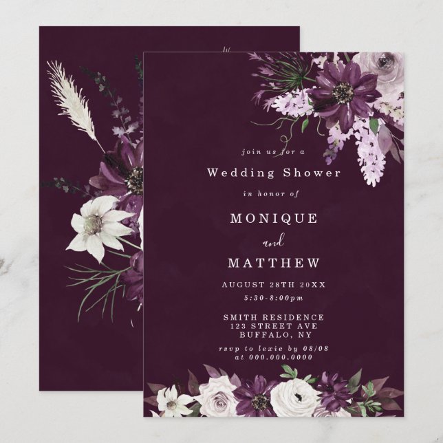 Violet and White Peonies Wedding Shower Invites (Front/Back)