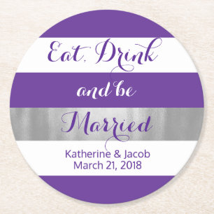 Violet and White Striped Wedding Paper Coaster