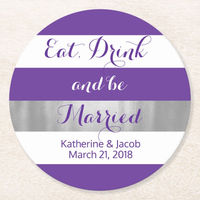 Violet and White Striped Wedding Paper Coaster (Front)