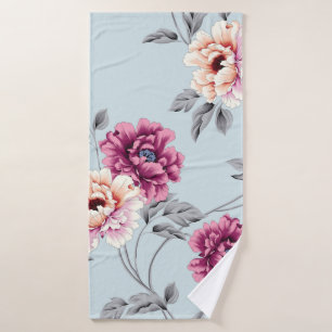 violet and yellow flowers with leaves pattern on b bath towel