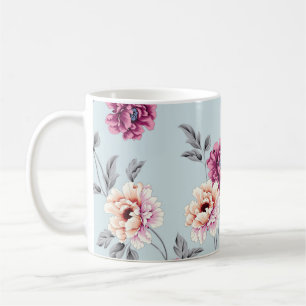 violet and yellow flowers with leaves pattern on b coffee mug