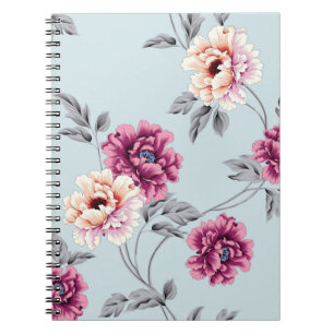violet and yellow flowers with leaves pattern on b notebook