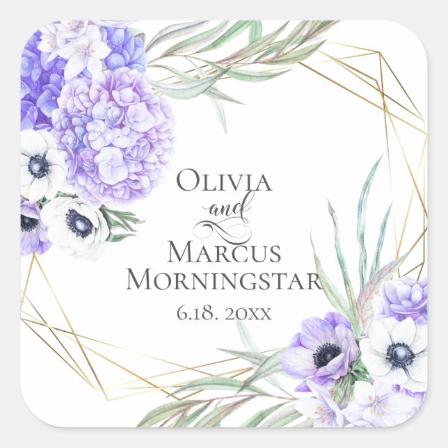 Violet Anemone Floral Wedding Bouquet Square Sticker (Front)
