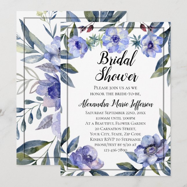 Violet Anemone Flower Watercolor Bridal Shower Invitation (Front/Back)