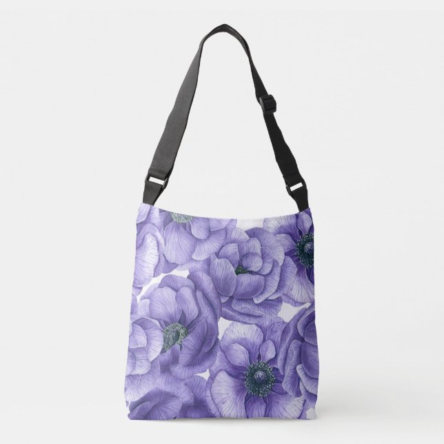 Violet anemone flowers watercolor pattern crossbody bag (Front)