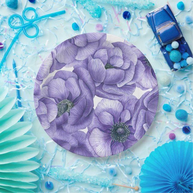 Violet anemone flowers watercolor pattern paper plate (Party)