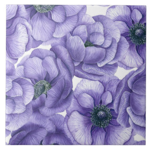 Violet anemone flowers watercolor pattern tile