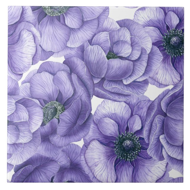 Violet anemone flowers watercolor pattern tile (Front)