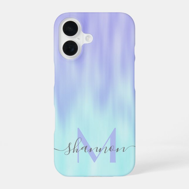 Violet Aqua Blue Pastel Ombre Chic Script Monogram iPhone 16 Case (Back)