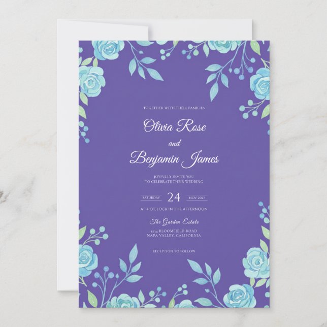 Violet Aqua Leaf Wedding Invitation (Front)