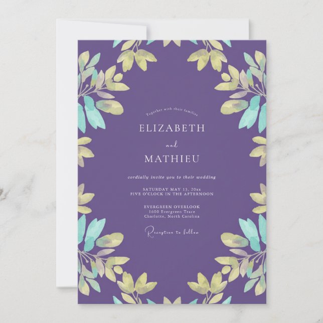 Violet Aqua Leafy Wedding Invitation (Front)
