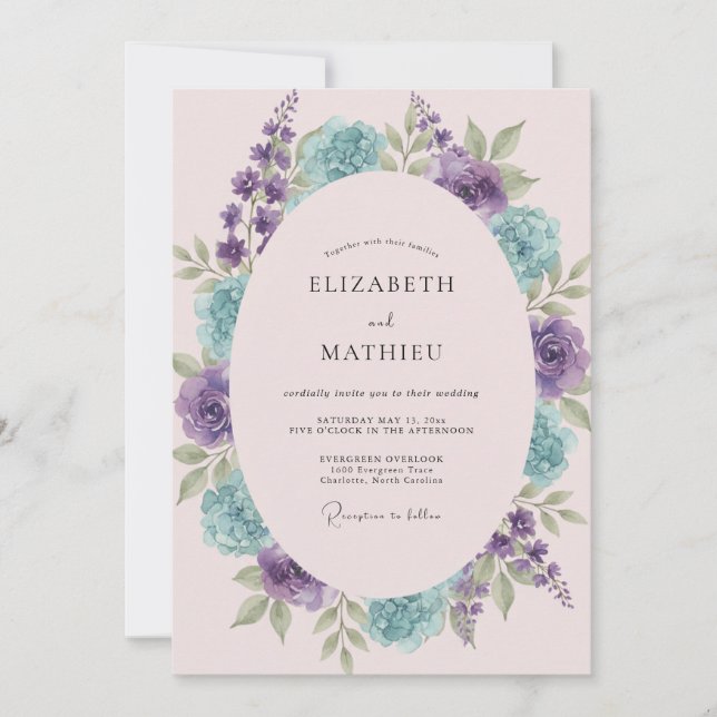Violet Aqua Wreath Wedding Invitation (Front)