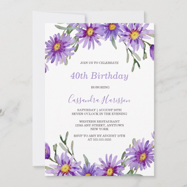 Violet Aster Floral Botanical Birthday Invitation (Front)