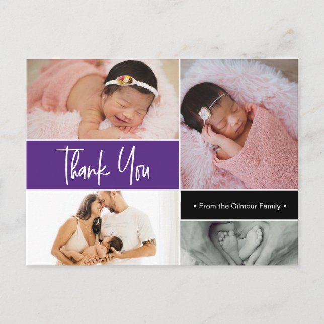 Violet Baby Girl Photo collage Birth Thank You Postcard (Front)