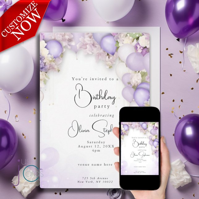 Violet Balloons and Peony Floral QR Birthday  Invitation (Easy to personalize text )