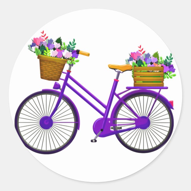 Violet Bicycle With Basket Of Flowers - Classic Round Sticker (Front)