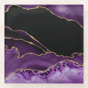 Violet Black Marble Agate Dark Glamour Golden Glass Coaster
