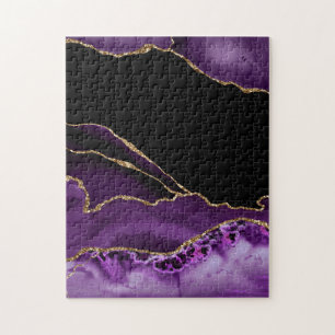 Violet Black Marble Agate Dark Glamour Golden Jigsaw Puzzle