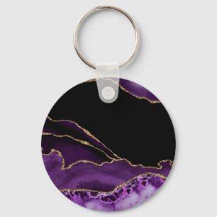 Violet Black Marble Agate Dark Glamour Golden Key Ring