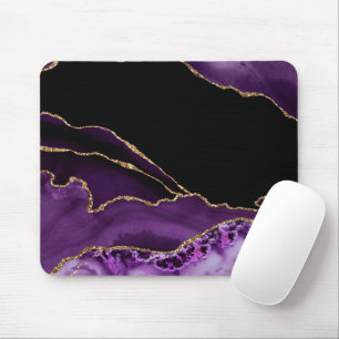 Violet Black Marble Agate Dark Glamour Golden Mouse Mat