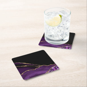 Violet Black Marble Agate Dark Glamour Golden Square Paper Coaster