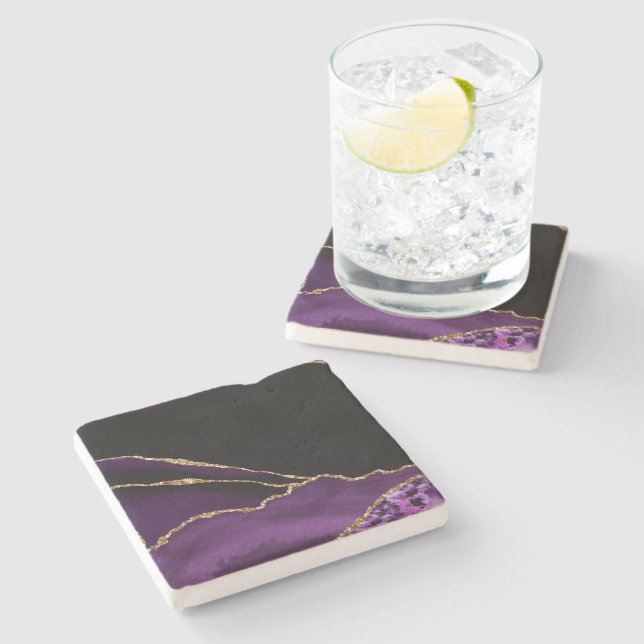 Violet Black Marble Agate Dark Glamour Golden Stone Coaster (Side)