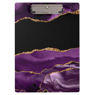 Violet Black Marble Agate Glam Golden Glitter Clipboard