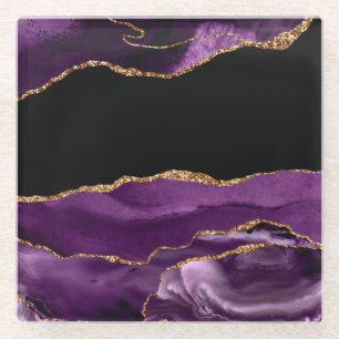 Violet Black Marble Agate Glam Golden Glitter Glass Coaster