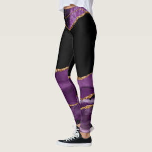 Violet Black Marble Agate Glam Golden Glitter Leggings