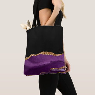 Violet Black Marble Agate Glam Golden Glitter Tote Bag